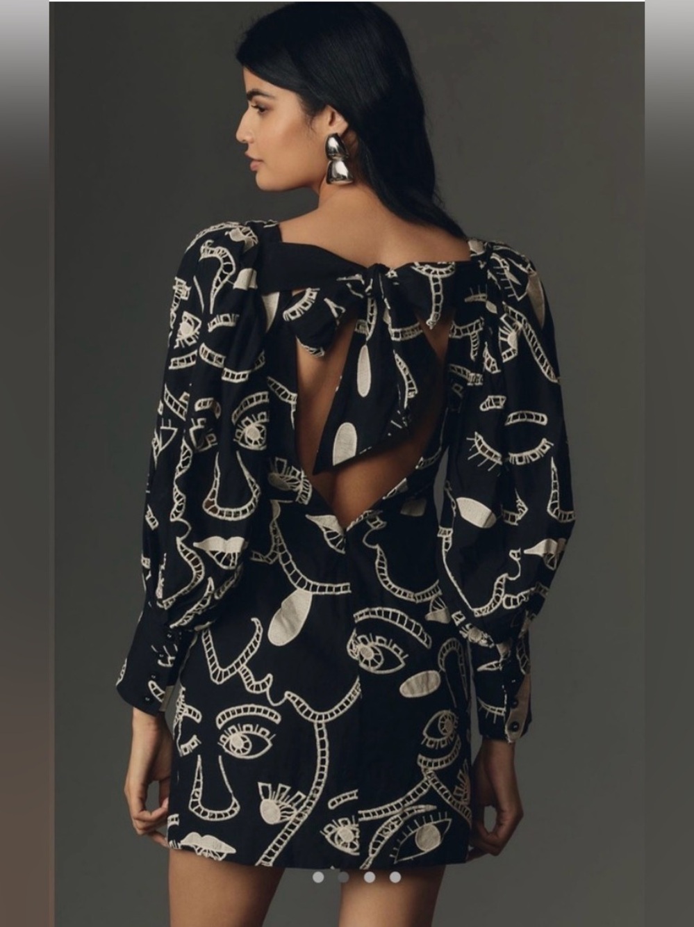 Farm Rio Richelieu Faces Black Neckline Mini Dress black and white XS puff - Picture 2 of 8